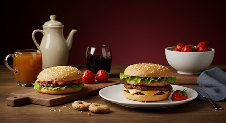 Burgers and Strawberries on Wooden Table