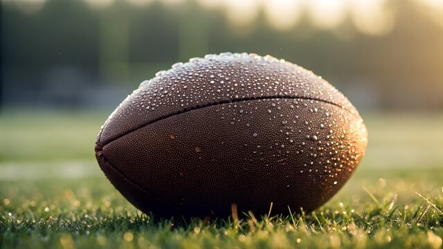 Close up of a brown american football covered in dew drops on a green grassy field with blurred stadium lights in the background during golden hour lighting