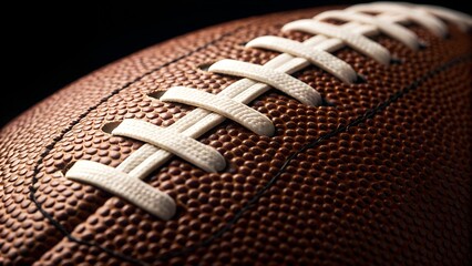 Close Up Of American Football Textured Leather With White Laces On Black Background