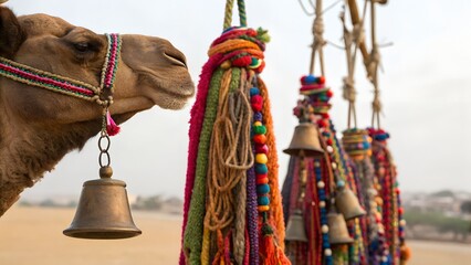 Obraz premium Close up Of Camel Head With Colorful Decorations And Bells In Desert Setting