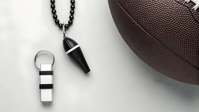 Close Up Of American Football With Black Beaded Necklace And Keychain On White Background