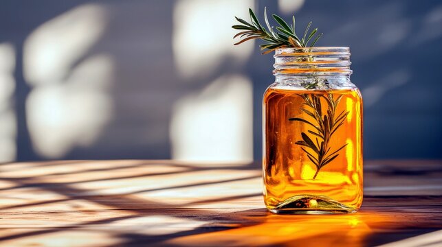 A glass jar containing a golden liquid and a sprig of rosemary sits on a wooden table, illuminated by sunlight filtering through blinds.