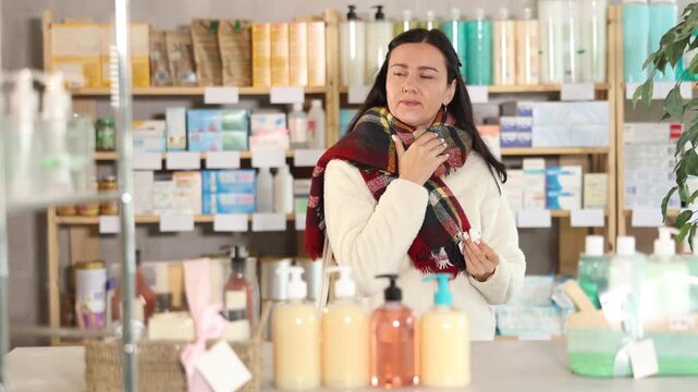 Woman with a cold in an autumn jacket with a scarf bandaging a sore throat in a pharmacy, she chooses medicines for cough and tonsillitis. High quality 4k footage