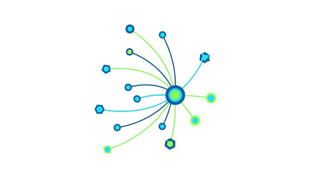 A blue and green network diagram with a central node connecting via curved lines to various circular and hexagonal peripheral nodes