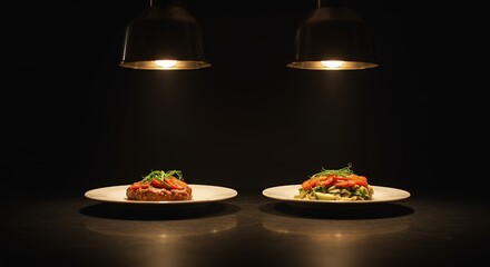Plates of Food Under Warm Lights on a Dark Surface