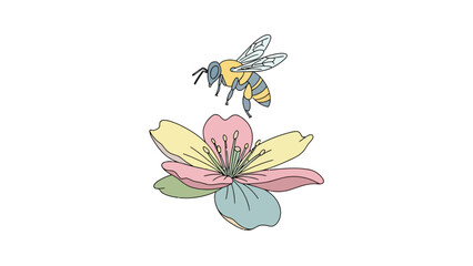 Fototapeta premium A cartoon bee with yellow and blue stripes flying above a colorful flower with pink yellow green and blue petals
