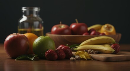Assortment of Fresh Fruit on a Wooden Table