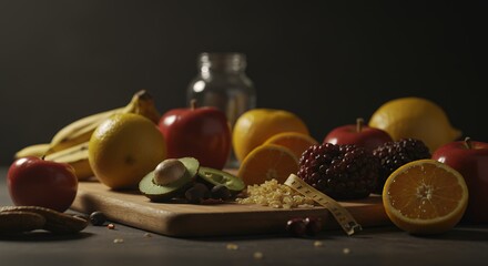Fruit Assortment on Wooden Board for Healthy Eating