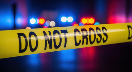 Caution tape restricts access at an emergency scene with flashing lights, perfect for news and investigative journalism depicting crime or accidents