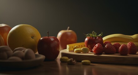 Healthy Food Composition on Wooden Table