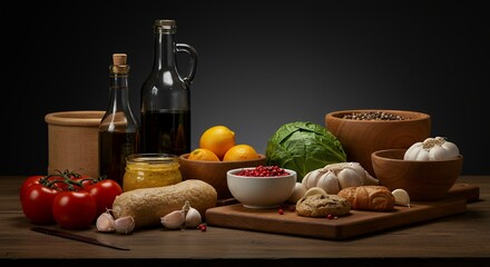 Fresh Food Display Tomatoes Garlic Lemons Olive Oil