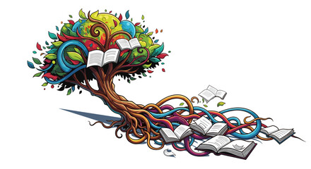 Inspiring tree of knowledge with books growing like leaves, symbolizing learning, wisdom, and education, perfect for schools and libraries