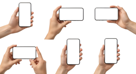 Diverse hand gestures showcasing smartphone with white screen in vertical and horizontal orientation for app interface mockups isolated on black background presenting modern display designs and