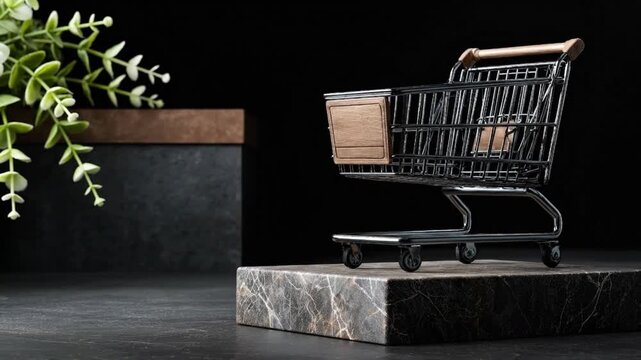 A miniature metal shopping cart with wooden accents rests on a dark marble block against a black background with a green plant to the left