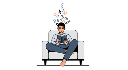 Cozy reading time illustration of a man engrossed in a book while relaxing in an armchair, perfect for promoting literacy and education initiatives