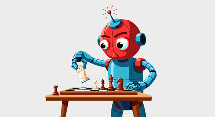 Determined robot playing chess, strategizing with a knight piece in hand, showcasing artificial intelligence and strategic thinking for future technology concepts