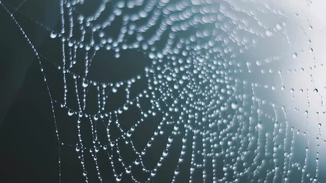 Close up of dew drops on a spider web captured in morning light