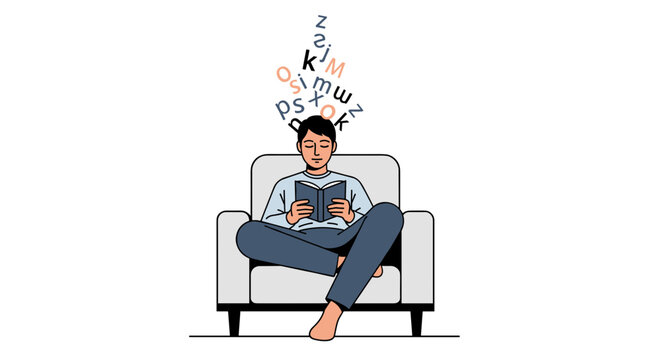 Cozy reading time illustration of a man engrossed in a book while relaxing in an armchair, perfect for promoting literacy and education initiatives