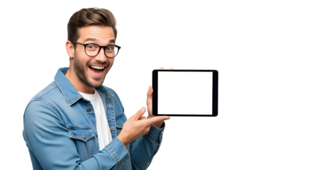 Enthusiastic man showing tablet screen with blank display for mockup and promotional content, casual young model presenting digital gadget with cheerful expression, happy person offering interactive