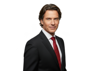 Professional headshot of handsome businessman in suit and red tie stock photo image portrait isolated on transparent background
