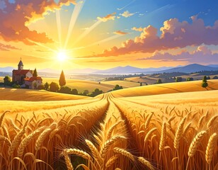 A vibrant sunrise bathes a golden wheat field and a distant village in a warm glow, with rolling hills under a colorful sky