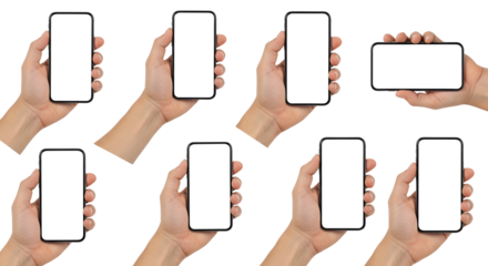 Diverse set of Hands displaying smartphone with white screen Mockups for app or mobile website in both portrait and landscape modes to showcase user interface design and interaction for advertising