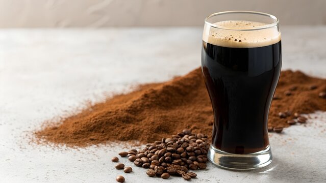 Dark Brewed Coffee In A Glass With Coffee Beans And Grounds Scattered On A Textured Surface