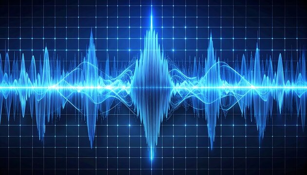 A vibrant blue digital sound wave graphic against a dark blue grid, showing dynamic oscillations and peaks - Powered by Adobe