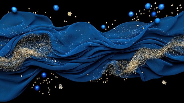 A luxurious wave of deep blue fabric flows across a black background, adorned with shimmering gold glitter and scattered blue baubles and star-shaped ornaments. - Powered by Adobe