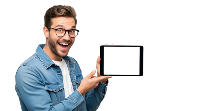 Enthusiastic man showing tablet screen with blank display for mockup and promotional content, casual young model presenting digital gadget with cheerful expression, happy person offering interactive