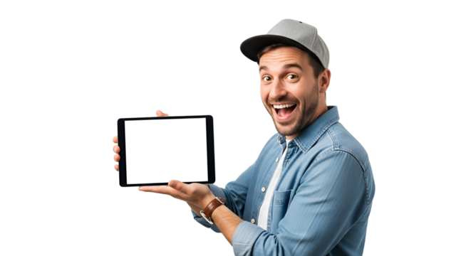 Cheerful man presents tablet mockup with blank screen showcasing app or website promotion with denim shirt and cap exuding positive emotions ideal for online marketing campaign and digital