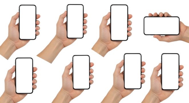 Diverse set of Hands displaying smartphone with white screen Mockups for app or mobile website in both portrait and landscape modes to showcase user interface design and interaction for advertising