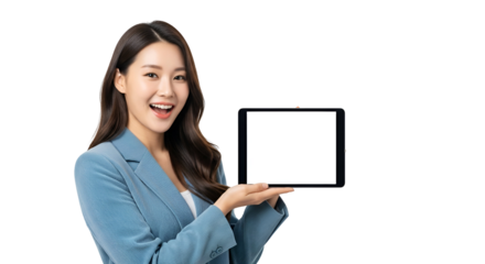 Enthusiastic Businesswoman Displaying Tablet Screen Professional Presentation of Mobile Technology with Content Mockup Cheerful Asian Professional Holding Tablet for Business Promotion or Digital