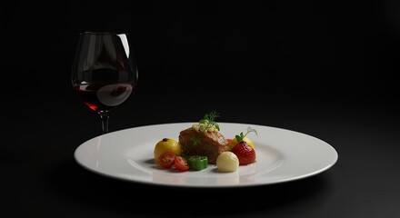 Food Dish with Wine Glass on White Plate