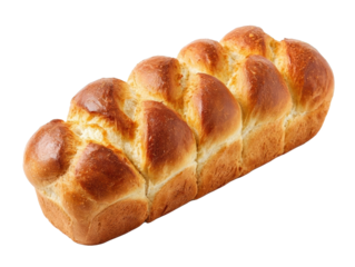 Freshly baked brioche loaf on a white background.