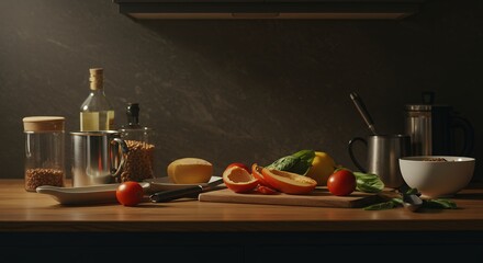 Food Preparation on a Wooden Countertop