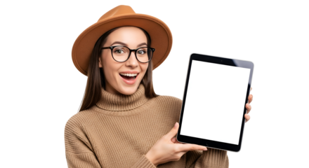 Cheerful woman displaying tablet screen for advertising marketing and promotions attractive smiling woman holding tablet wearing hat and eyeglasses presenting advertisement template isolated