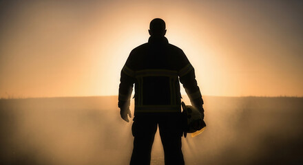 Brave firefighter silhouette stands strong against the sunset, embodying courage, resilience, and unwavering commitment to community safety and valor