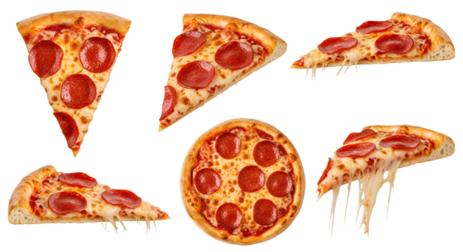 Delicious Pepperoni Pizza Slices and Whole Pie Isolated on Black Backdrop Mouthwatering Italian Cuisine Ready to Eat Food Photography Perfect for Restaurant Menus and Promotional Visuals Pizza Time