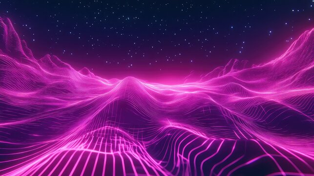 Futuristic digital synthwave landscape with glowing neon lines - Powered by Adobe