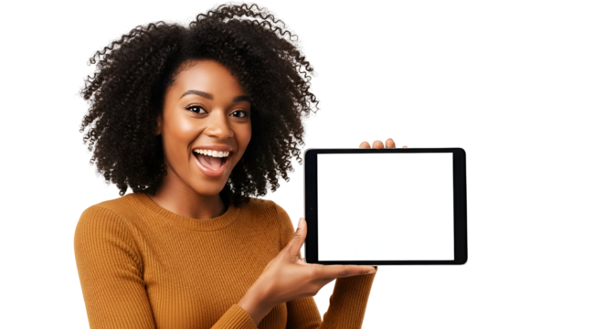 Excited African Woman Holding Tablet Blank Display Expressive Joyful Person with Curly Hair Showing Gadget Screen for Presentation Advertisement Social Media Content Creator Isolated