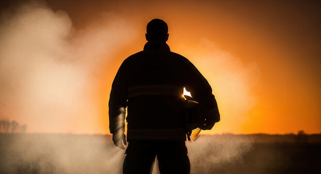 Brave firefighter silhouette standing against the sunset, holding helmet with determination, representing courage, heroism, and service in the line of duty
