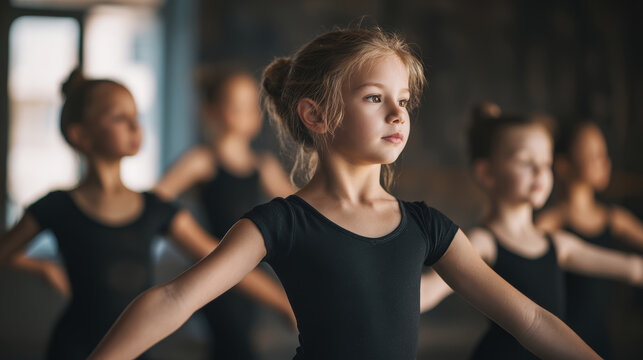 Ballet dance girl child leotard studio class practice graceful focus kid young training posture pose bun uniform performance elegance discipline