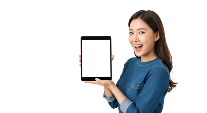 Radiant young woman showcasing tablet screen with playful expression Asian beauty presenting device with blank display for adaptable applications happy announcement with technology use demonstration