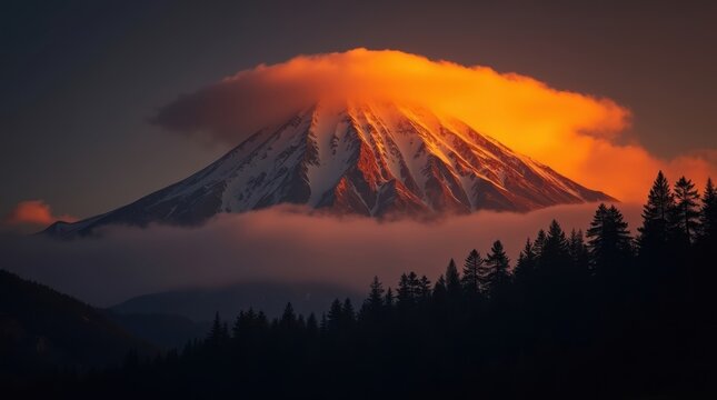 Majestic mountain peak illuminated by golden sunset light above dramatic clouds
