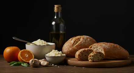 Bread, Orange, and Garlic Still Life