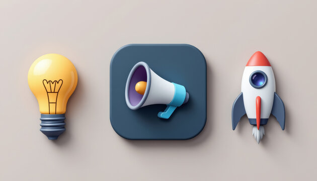 Light bulb megaphone app icon rocket startup marketing innovation launch creative minimal 3d illustration business idea concept announcement