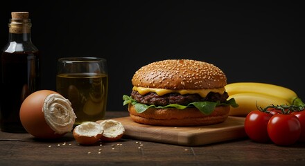 Delicious Burger with Side Dishes on Wooden Surface