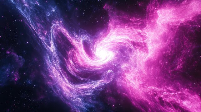 Twisting spiral galaxy forming purple and pink nebula