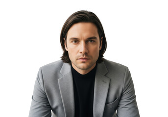 Professional portrait of handsome man with long hair in gray suit and black turtleneck, headshot, png image isolated on transparent background